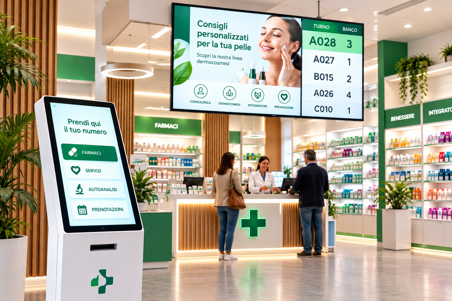 Totem eliminacode e monitor informativo all’interno della farmacia