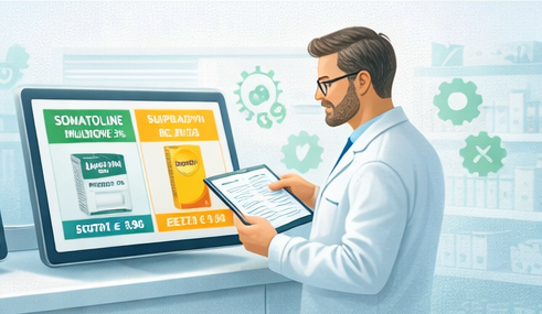 Farmacista e schermata di visualizzazione dei prezzi